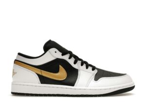Jordan 1 Low de piel blanca, negra, metálica y dorada con logo Swoosh – 553558-172